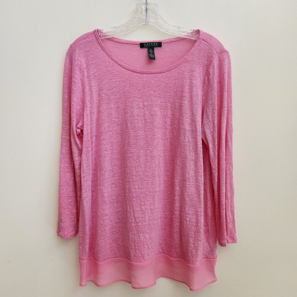 Lauren Ralph Lauren Top Women M Pink Linen Minimalist Beach Coastal Boho Classic